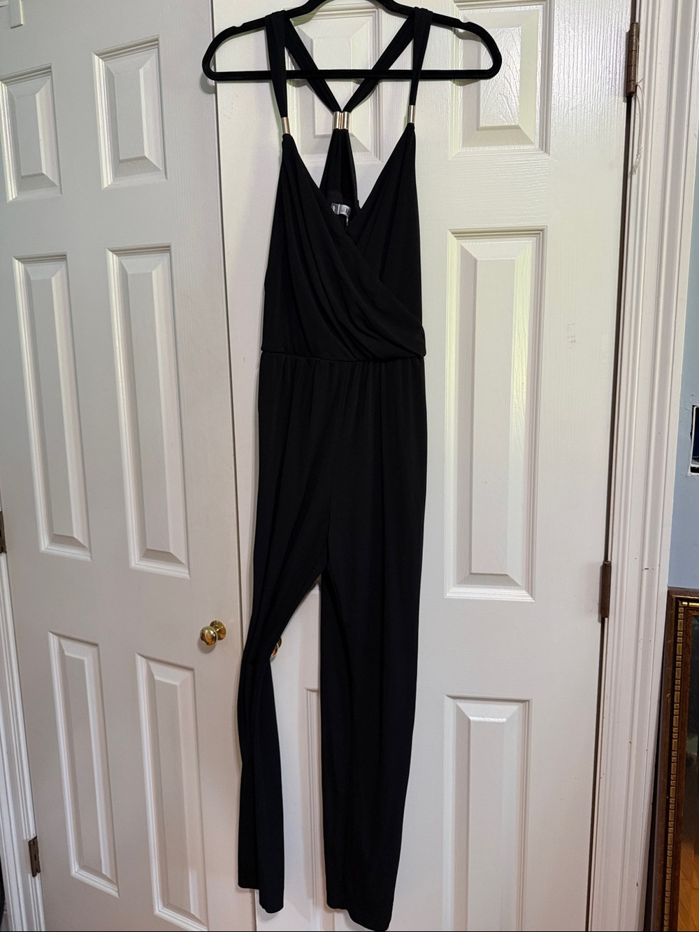Jennifer Lopez Black Strappy Jumpsuit with Gold Accents